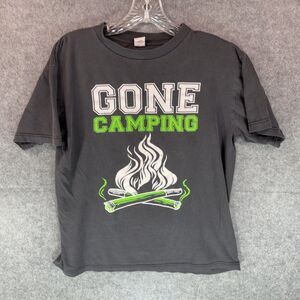 Mishi "Gone Camping" Graphic Tee - Faded Grey Novelty Print, Size M